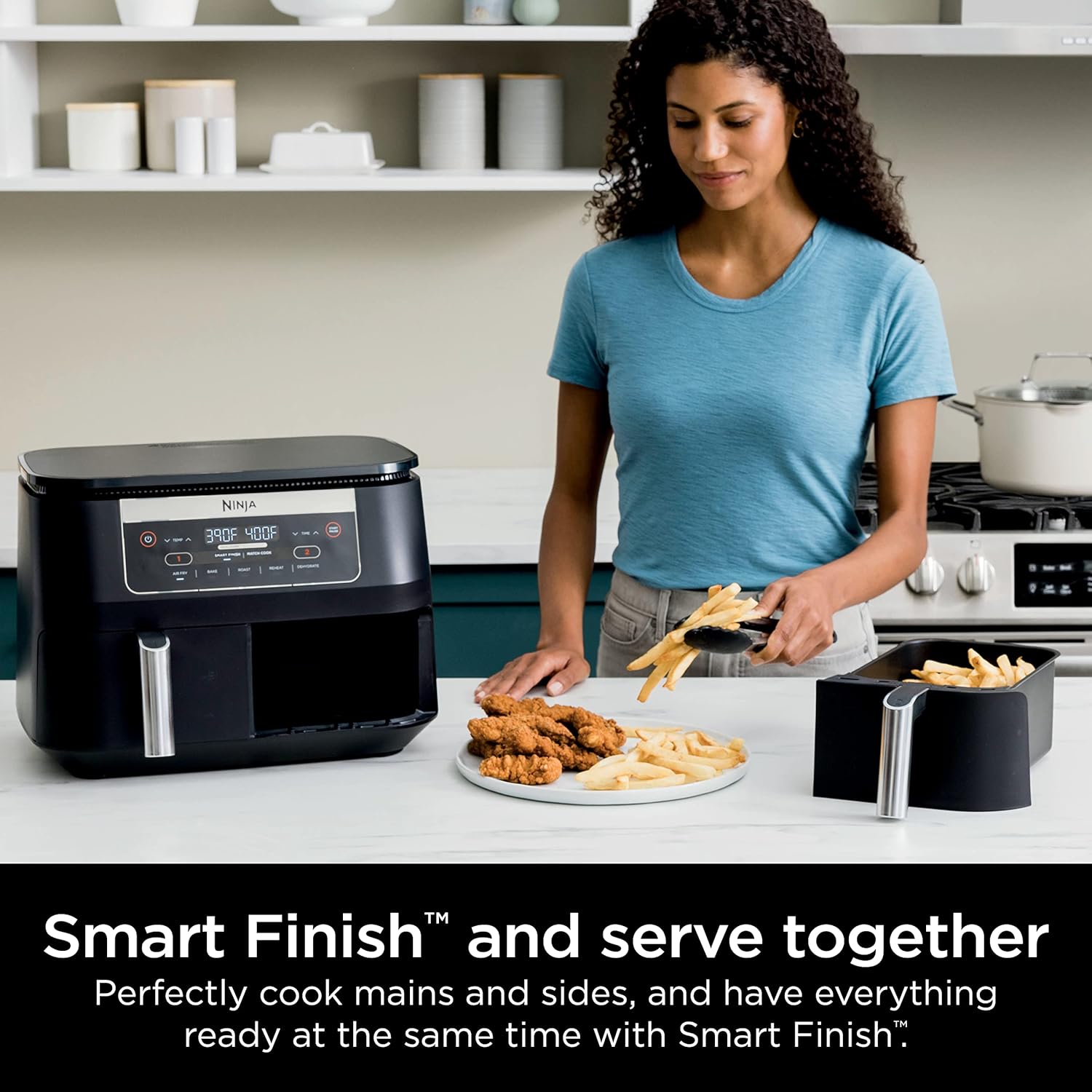 Ninja DZ090 Foodi – Friteuse à air 5 en 1 DualZone à 2 paniers avec 2 paniers de friture indépendants, Match Cook & Smart Finish pour rôtir, cuire, déshydrater et plus encore pour des collations