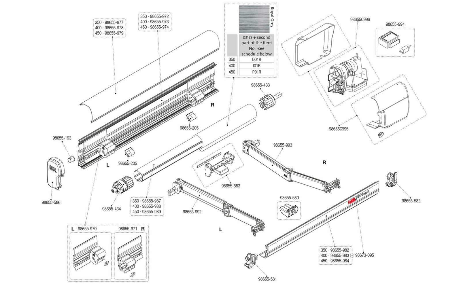 Fiamma innere Halterung links für Markise F45eagle 350-450 - Farbe Polar White Fiamma Ersatzteilnummer 98655-970