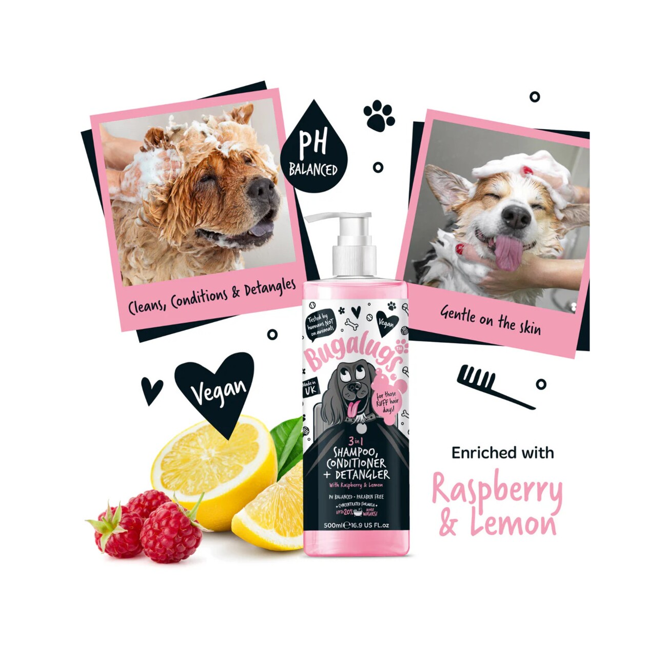 Bugalugs 3-in-1 Hundeshampoo, Conditioner & Detangler – Himbeer & Zitrone