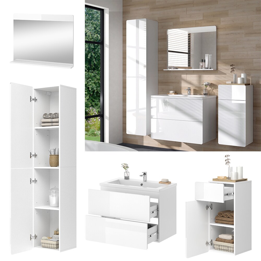 Vicco Badmöbel-Set Izan Weiß Hochglanz modern Waschtischunterschrank Waschbecken Badspiegel Midischrank Hochschrank