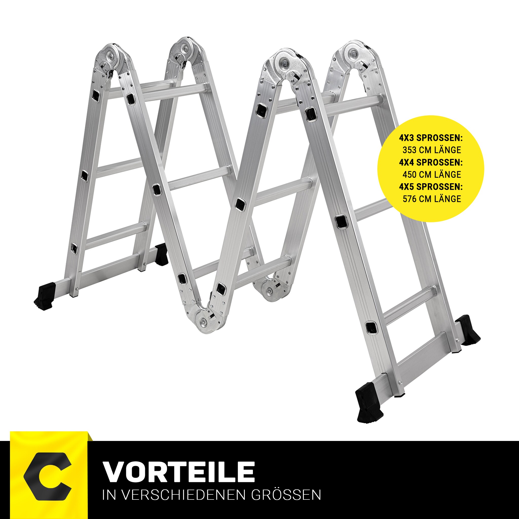 Craftfull Mehrzweckleiter CF-104A, 6in1, Gelenkleiter aus Aluminium, 3,5 -5,8 m, Anti-Rutsch-Profil (4.7 Meter 4x4 Sprossen)