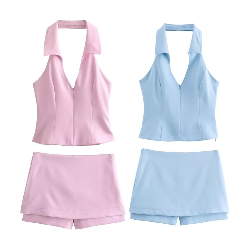 Sensarra - Halterkraag V-hals Effen Top met Rits / Mid Rise Mini Skort / Set