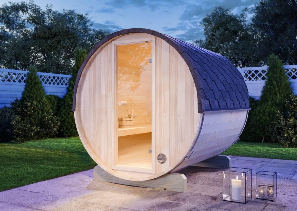 Fass-Sauna Mini S, 194 x 220 x 194 cm Gartensauna, Outdoor Sauna mit 42 mm Wandstärke, inkl. Montagematerial, Glastür aus Sicherheitsglas, 4 Personen, inkl. Dachschindeln, Außensauna
