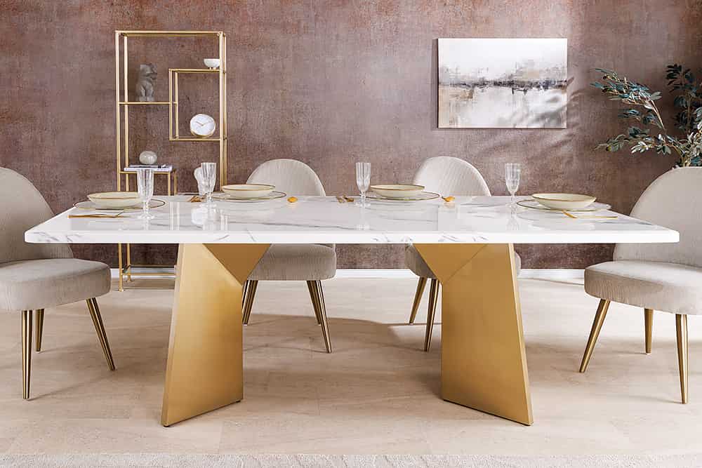 Design Esstisch EXTRAVAGANCIA 200cm weiß Marmor Metall brushed champagner gold