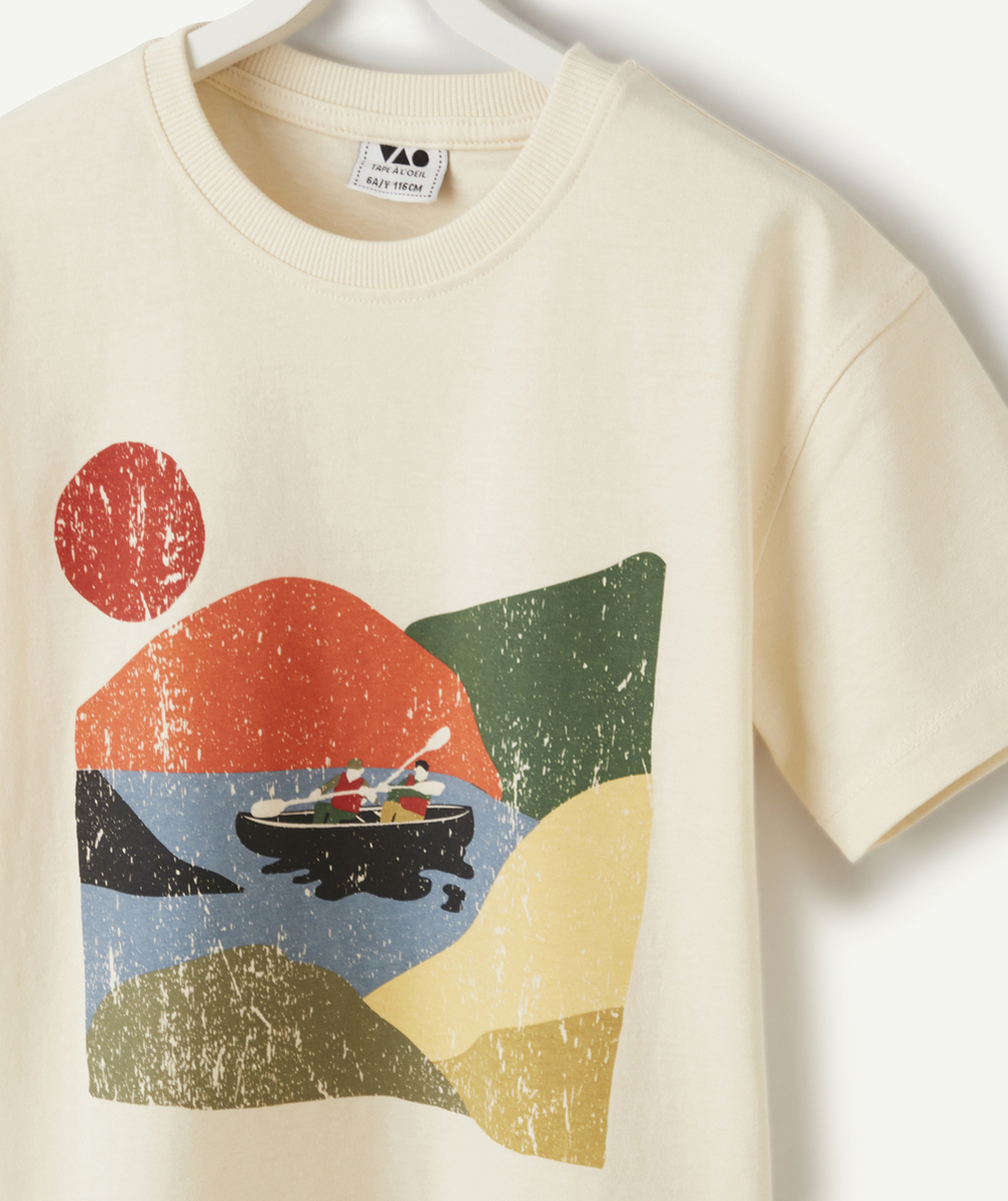 t-shirt manches courtes garçon en coton bio écru thème canoë
