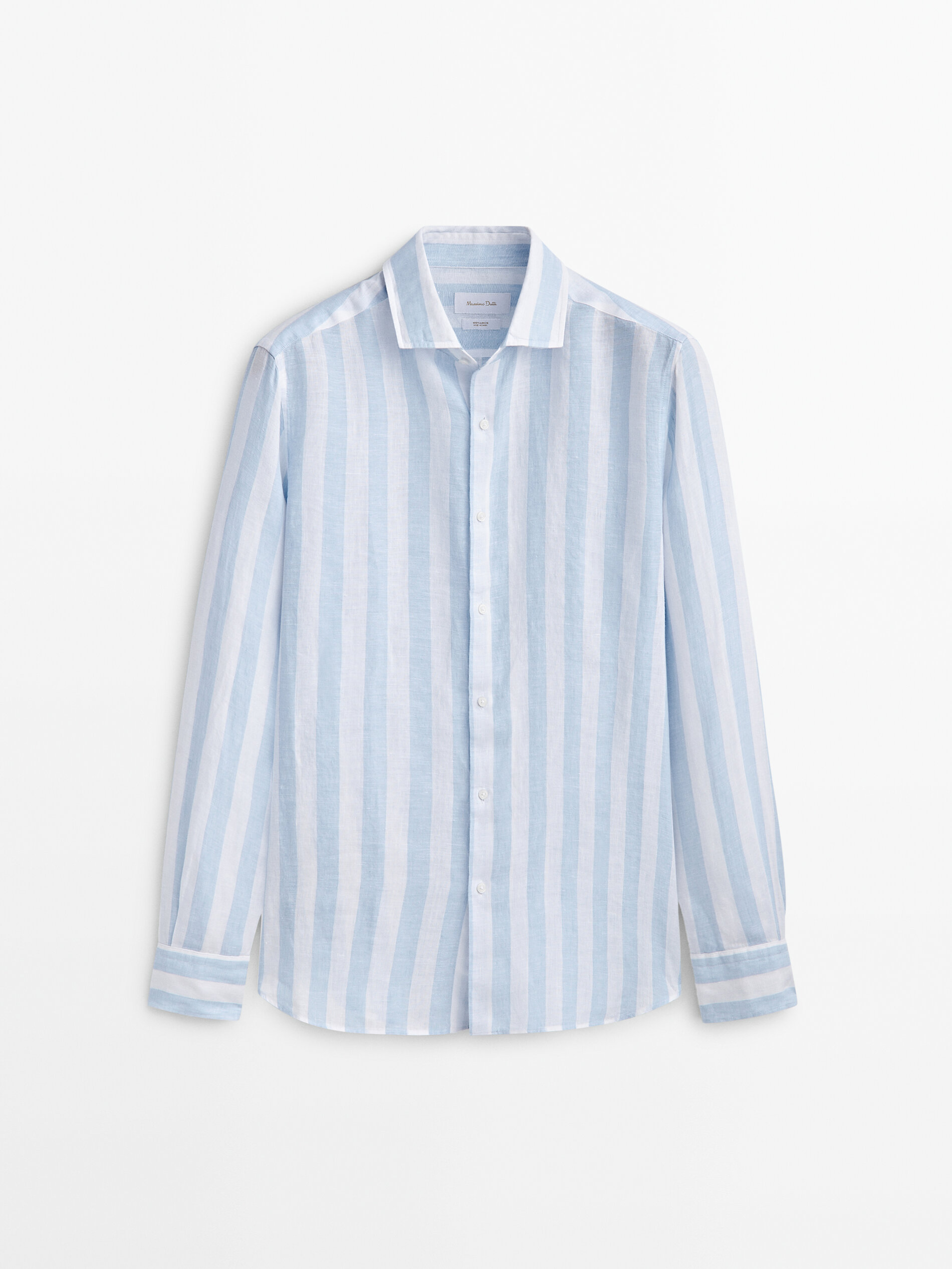 Camisa listrada larga 100% linho, corte slim - CELESTE