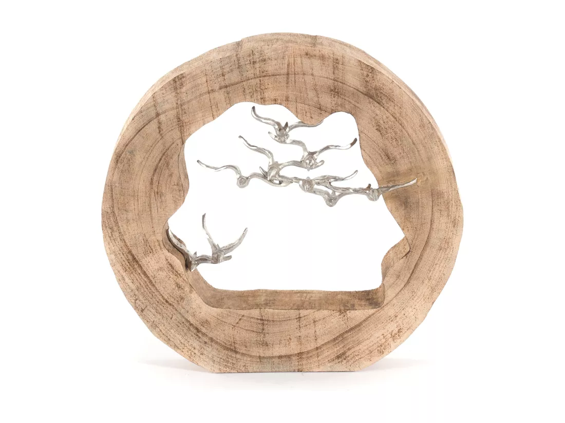 SCULPTURE OISEAUX Bois de mangue, aluminium nature-argent