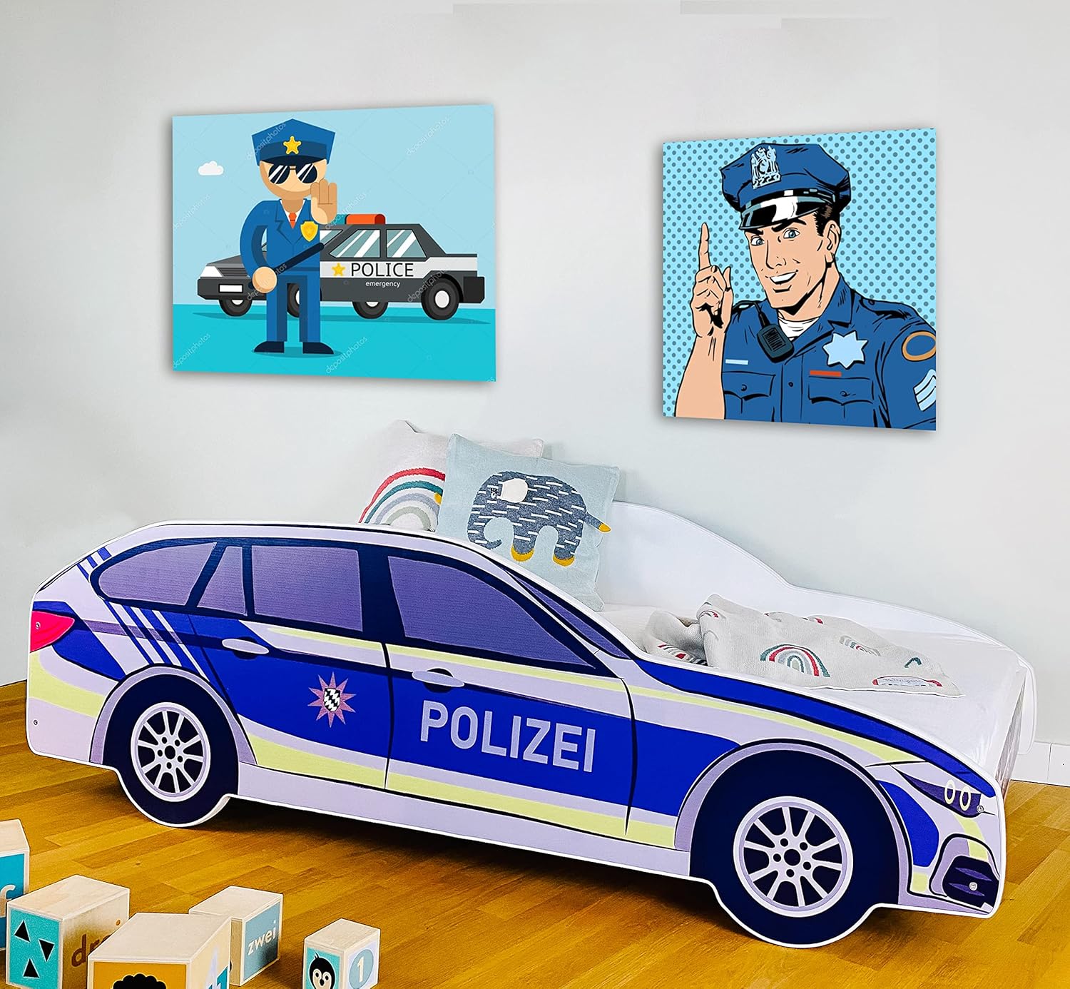 Kids Collective Autobett Kinderbett Jugendbett 70x140 | 80x160 mit Rausfallschutz Matratze optional | Polizei Polizeiauto Polizist Kinder Spielbett
