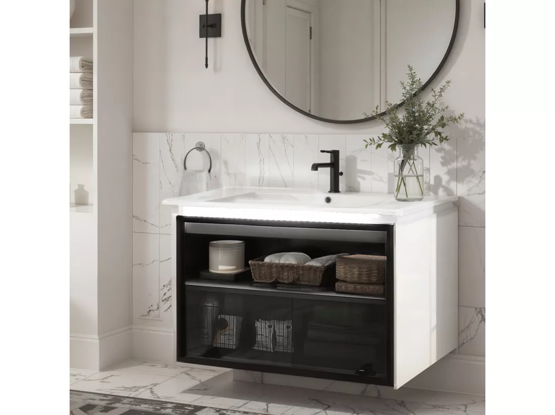 Meuble de salle de bain vasque simple avec porte en verre - 61.5 x 46.5 x 47 cm - Bois MDF - Lampe à induction - Blanc + noir