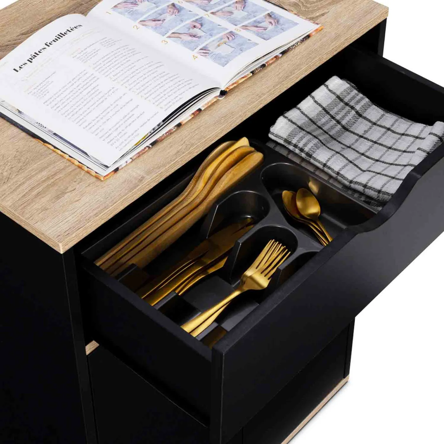 Desserte de cuisine COSY placard avec tiroir bois noir et plateaux façon hêtre L.60 CM