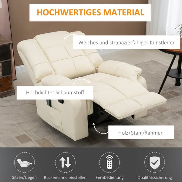 Massasjestol, Tv-Stol, Elektrisk Avslapningsstol Med Massasjefunksjon, Kunstskinn, Tre, Stål, Skum, Kremhvit, 94 X 99 X 99 Cm