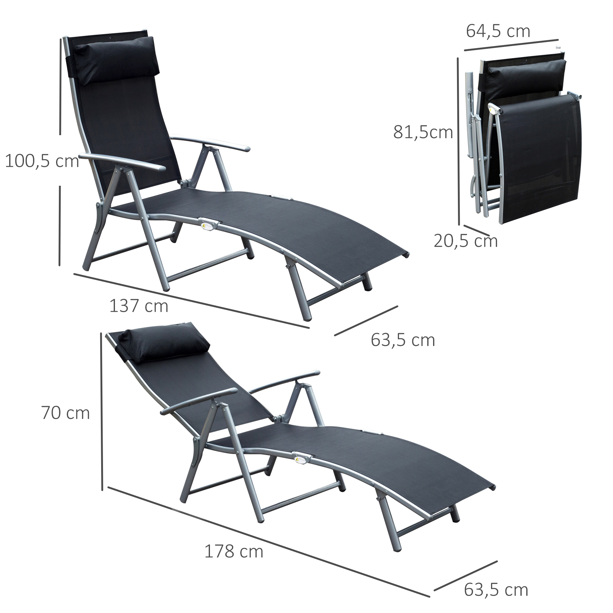 Espreguiçadeira dobrável Outsunny para jardim, com encosto ajustável em 7 níveis, almofada e apoios de braço, capacidade de carga de 165 kg, ideal para piscina, terraço e camping, dimensões 137 x 63,5 x 100,5 cm, preta.