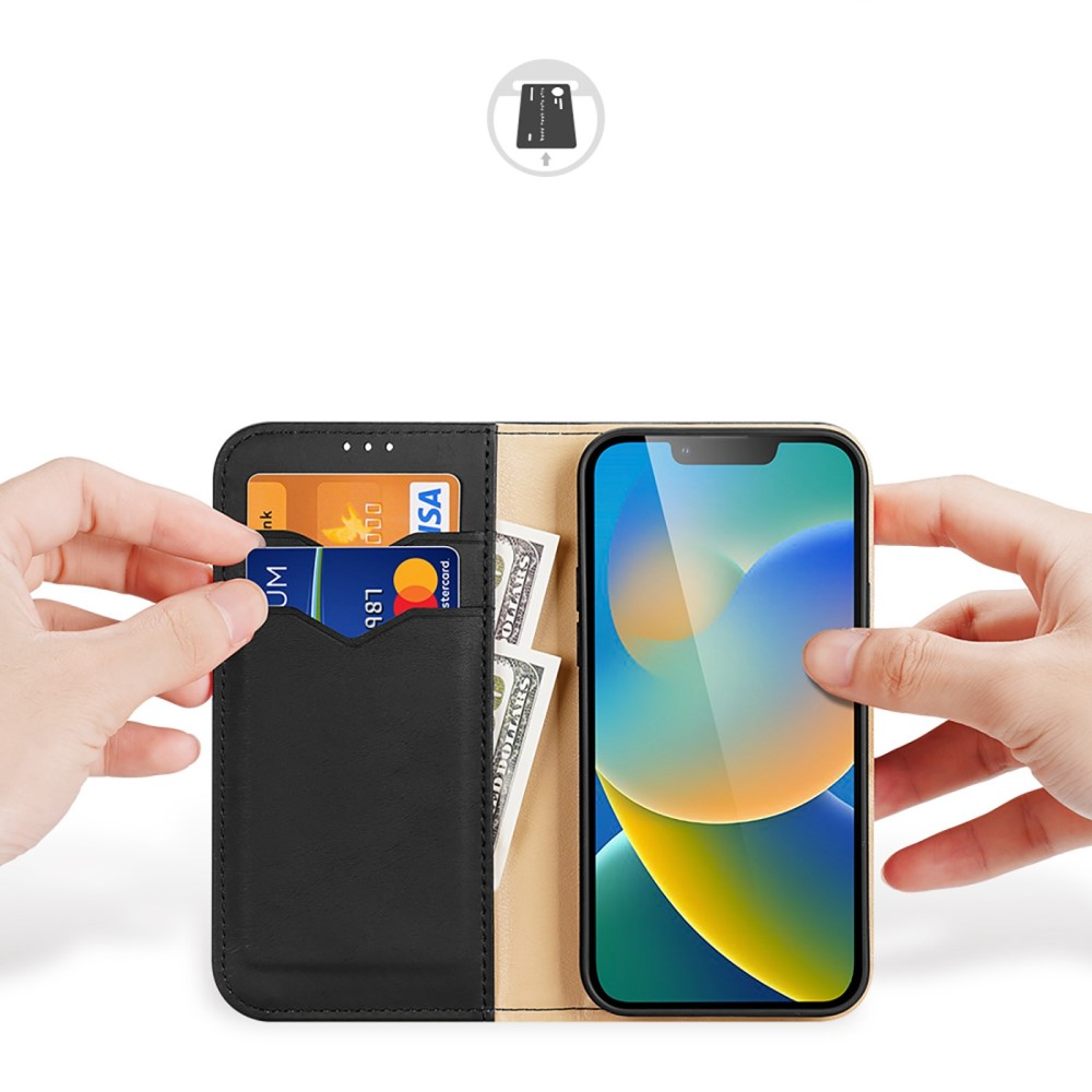 iPhone 14 Flip Wallet Cover Echtleder Tasche (RFID Schutz) - Schwarz