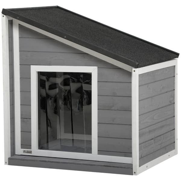 Hundehus Værbestandig Hundehus Laget Av Grantre Med Asfalttak & Dørgardin, Grå, 71X58X53/77Cm
