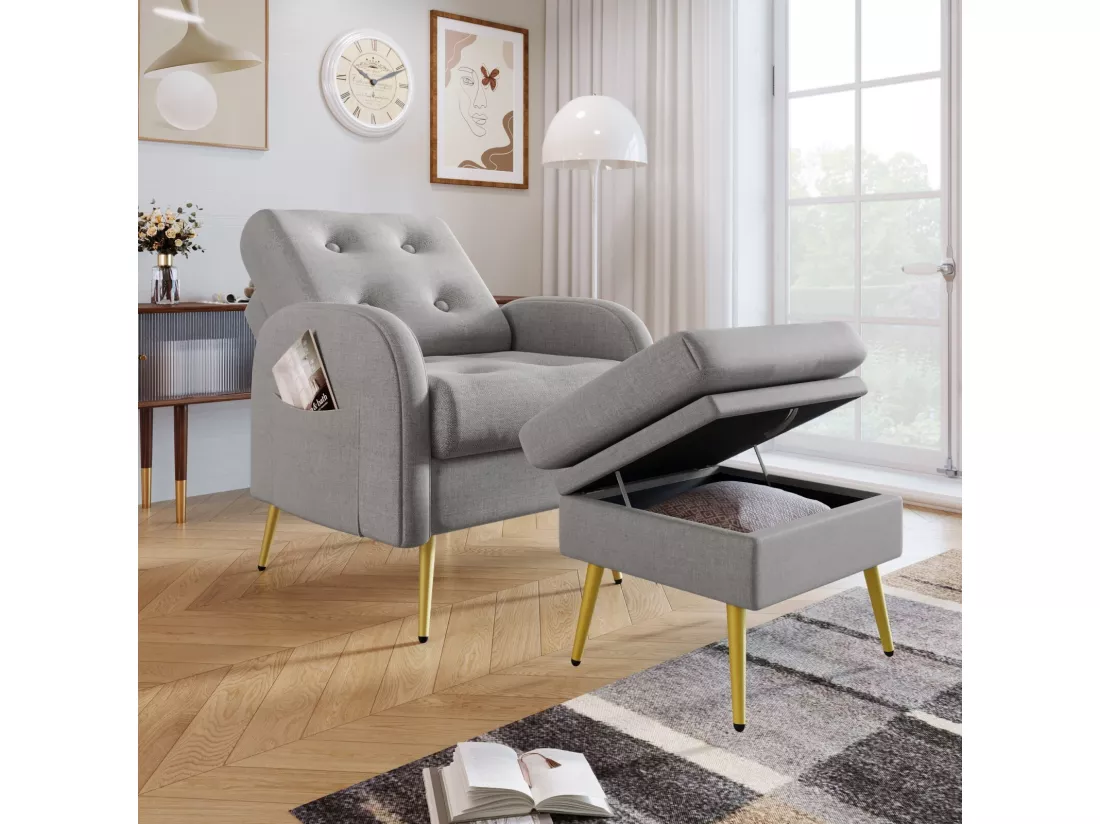 Fauteuil en tissu polypropylène, avec pouf de rangement, dossier réglable en 3 niveaux, 68x77x85cm, Gris