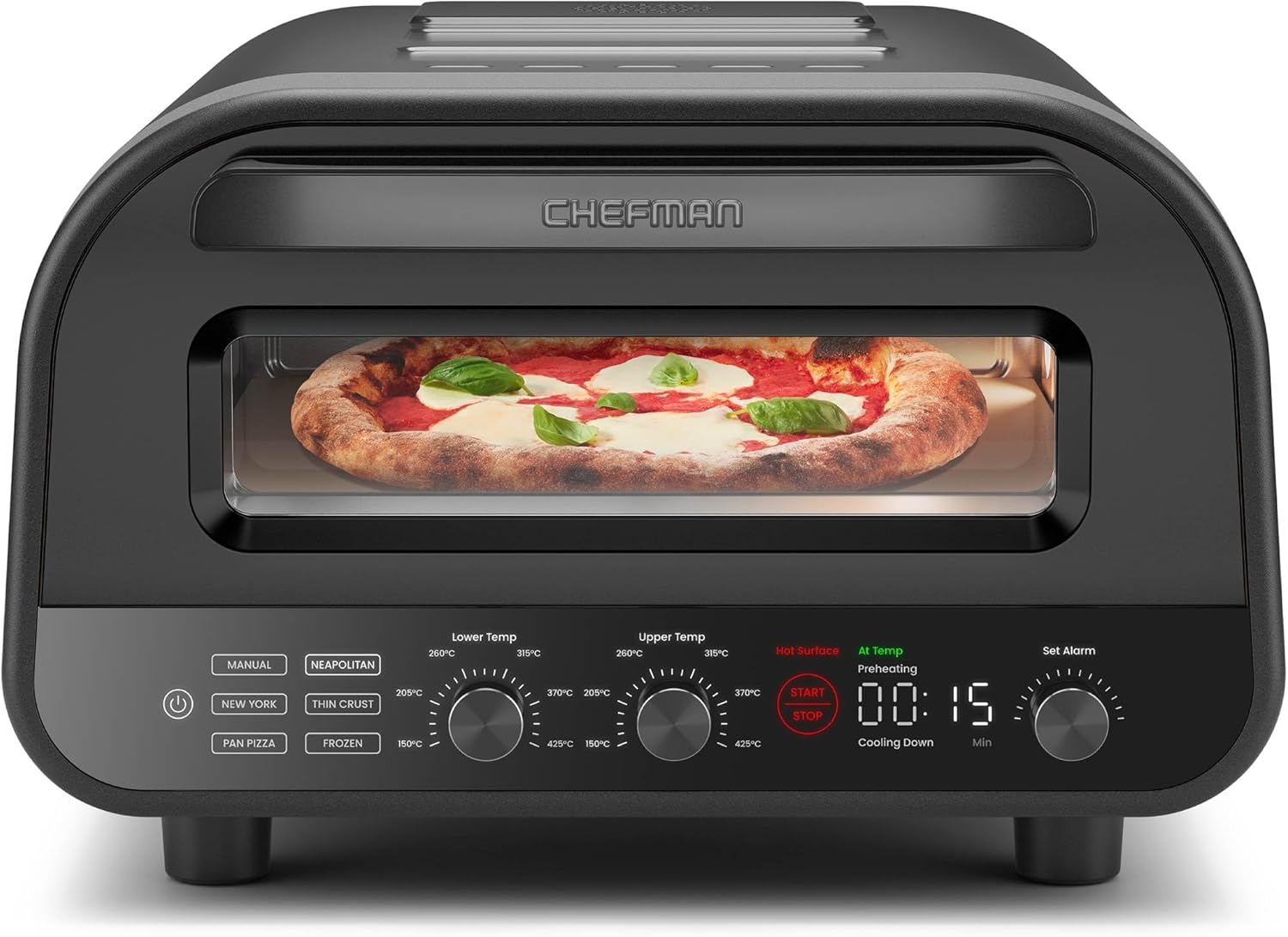 CHEFMAN Elektrischer Pizzaofen für drinnen und draußen, tragbarer 30-cm-Pizzaofen für neapolitanische, New Yorker, dünne Kruste und Pfannen-Pizza, Pizzastein und Pizzaschieber, schwarz