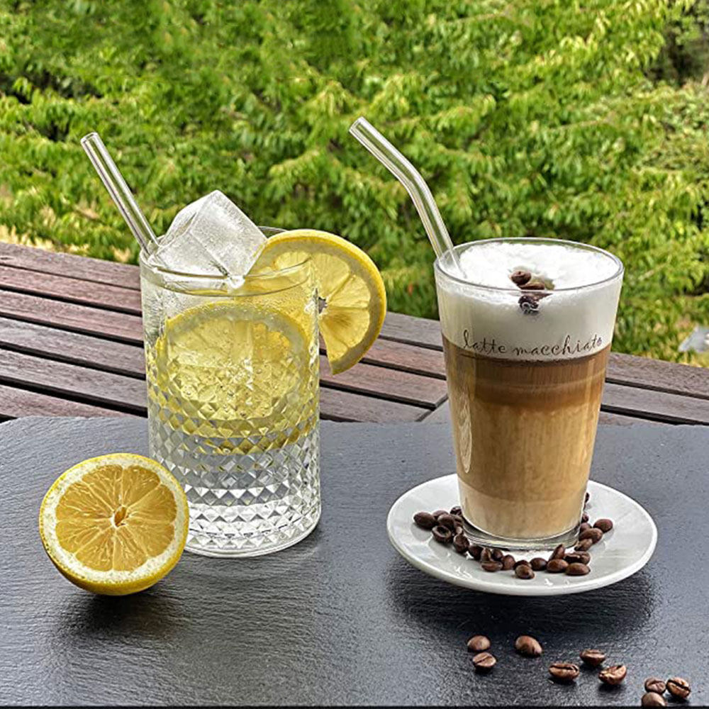 (11-tlg. Set) 20cm Glas Strohhalme Gebogen Wiederverwendbare Trinkhalme inkl. Reinigungsbürsten - Schwarz