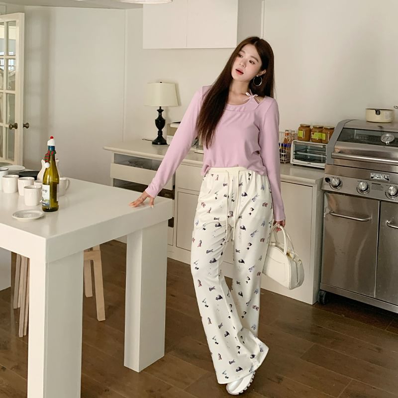 Appelsin - Wijde broek met trekkoord en kattenprint