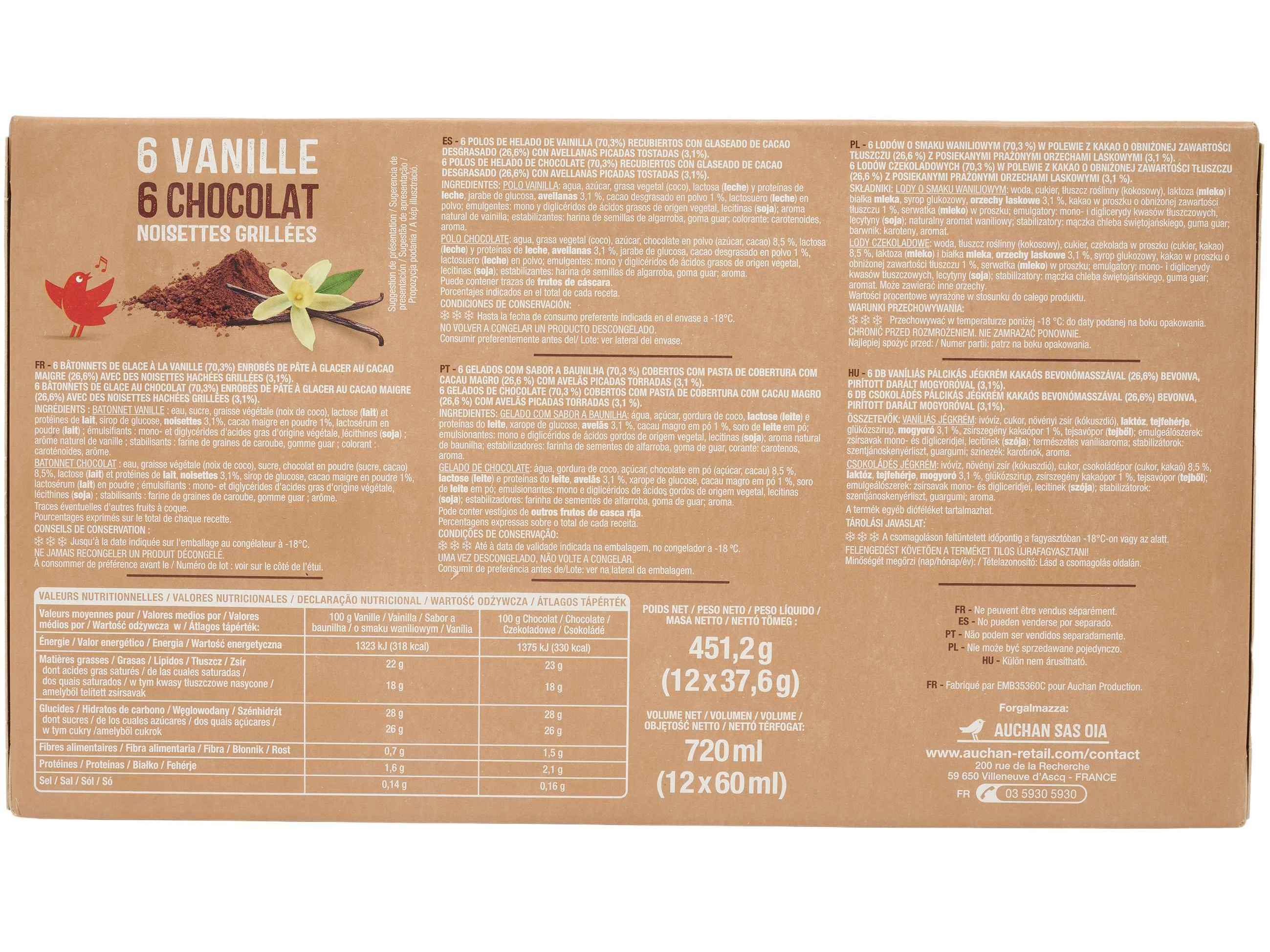 GELADO PALITO AUCHAN BAUNILHA CHOCOLATE 12X60ML