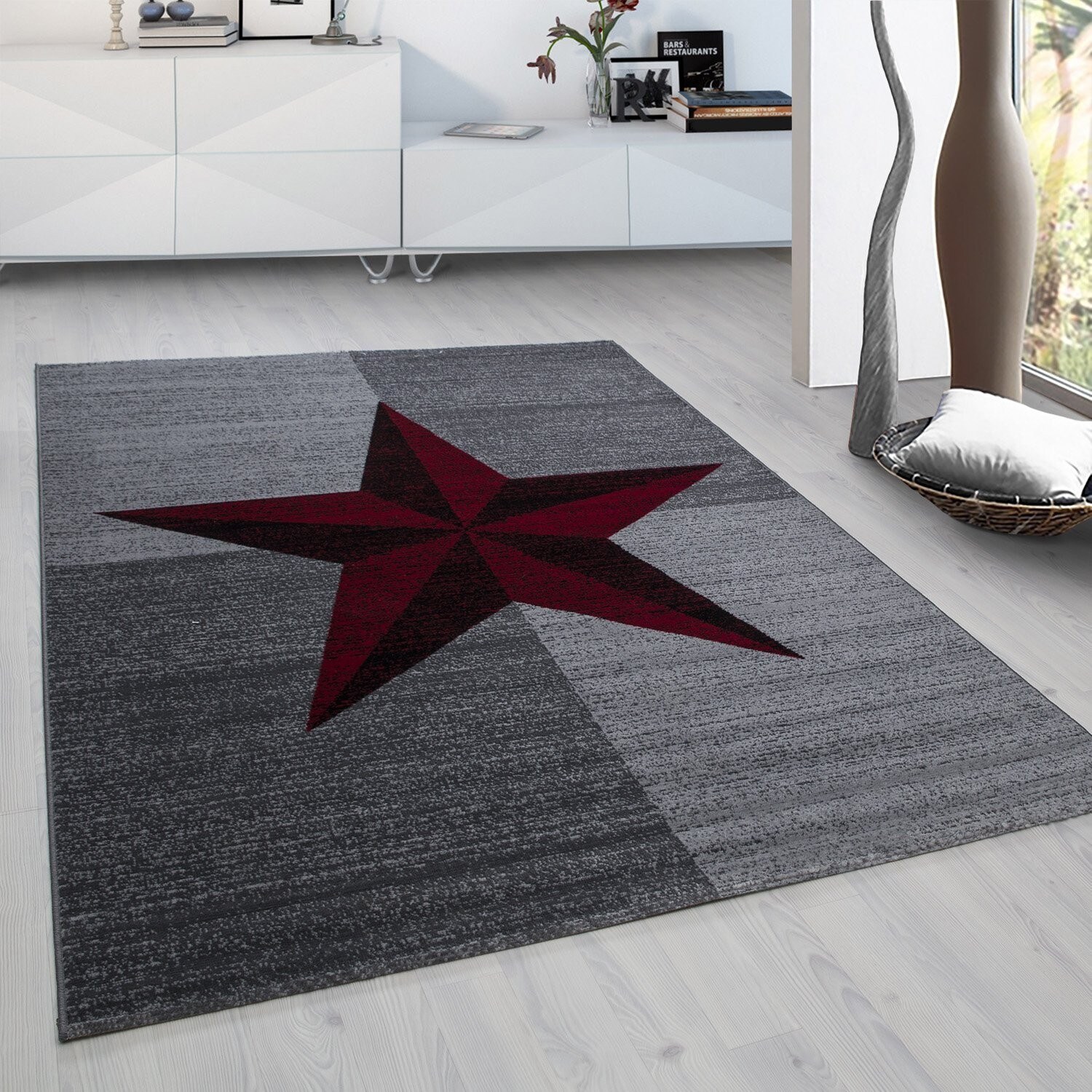 Teppich Designer Modern Wohnzimmer Stern Design Meliert Farbe Grau oder Rot