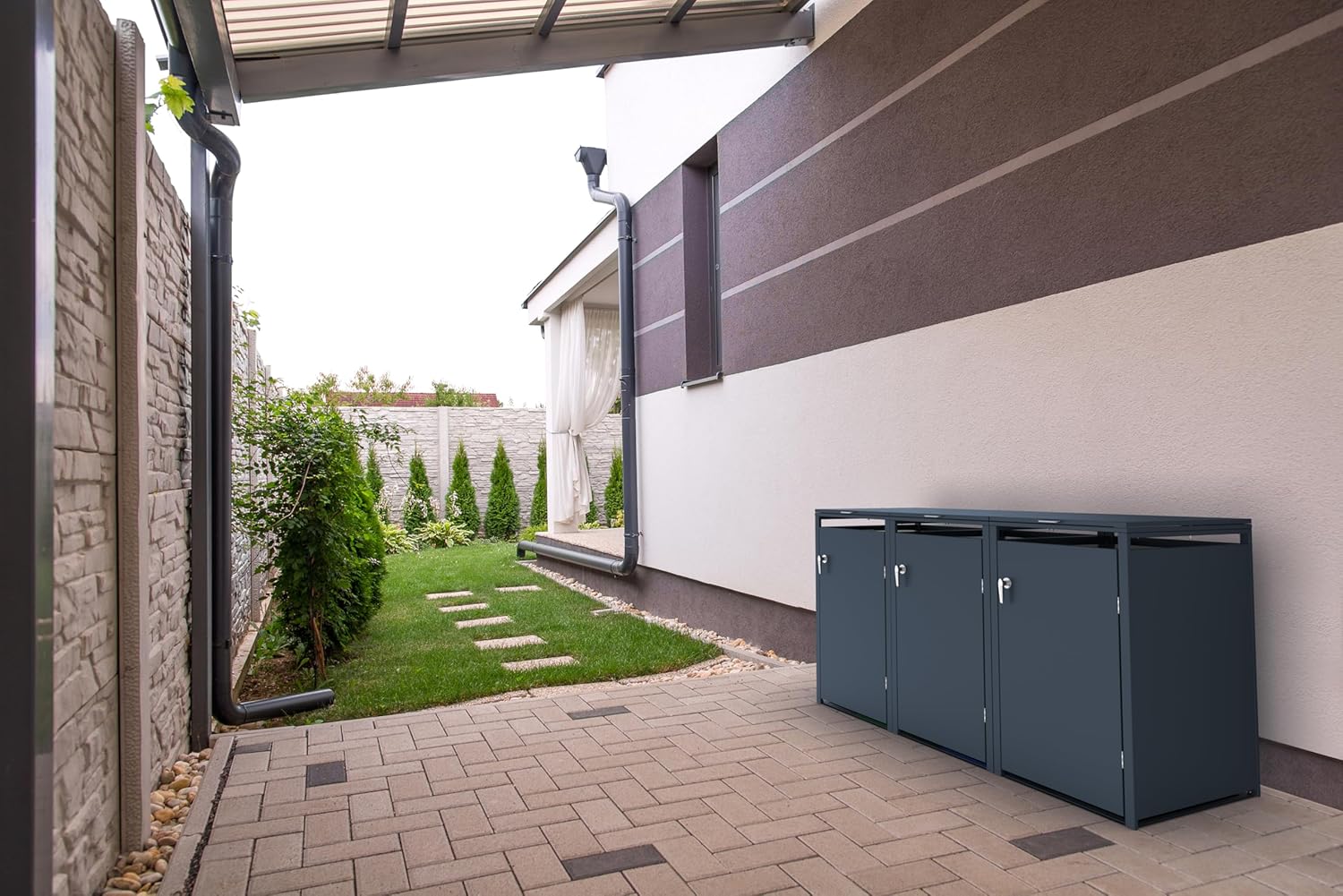 Graviers Mülltonnenbox 3er Set für 240L Tonnen | Anthrazit Stahlbox | Wetterfest, robust & abschließbar mit Automatikdeckel