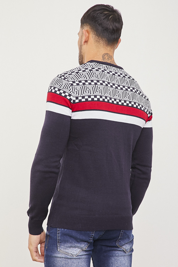 Pull en maille bleu à motifs grecs et bandes