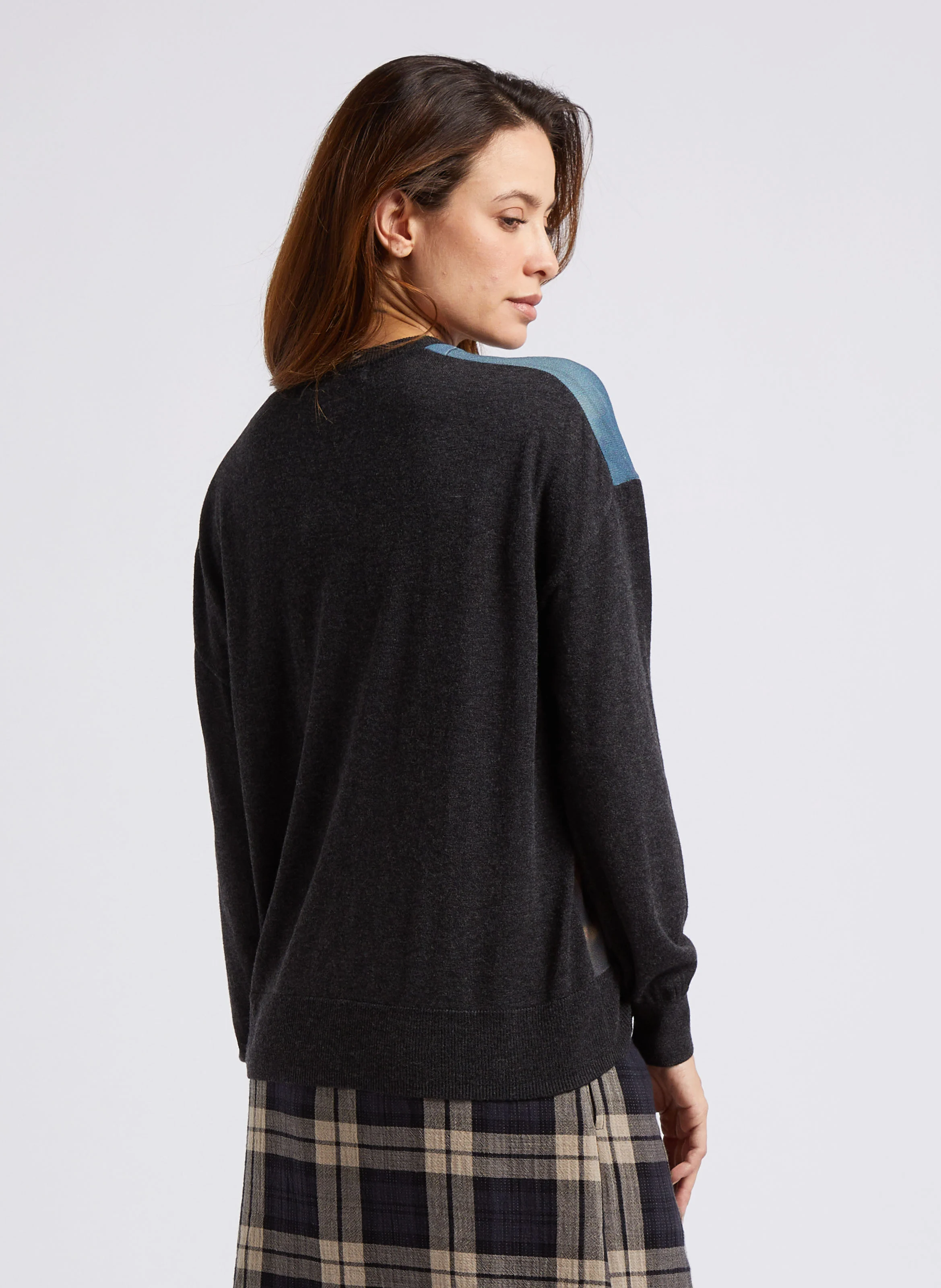 Pull col rond imprimé bi matière| Gris