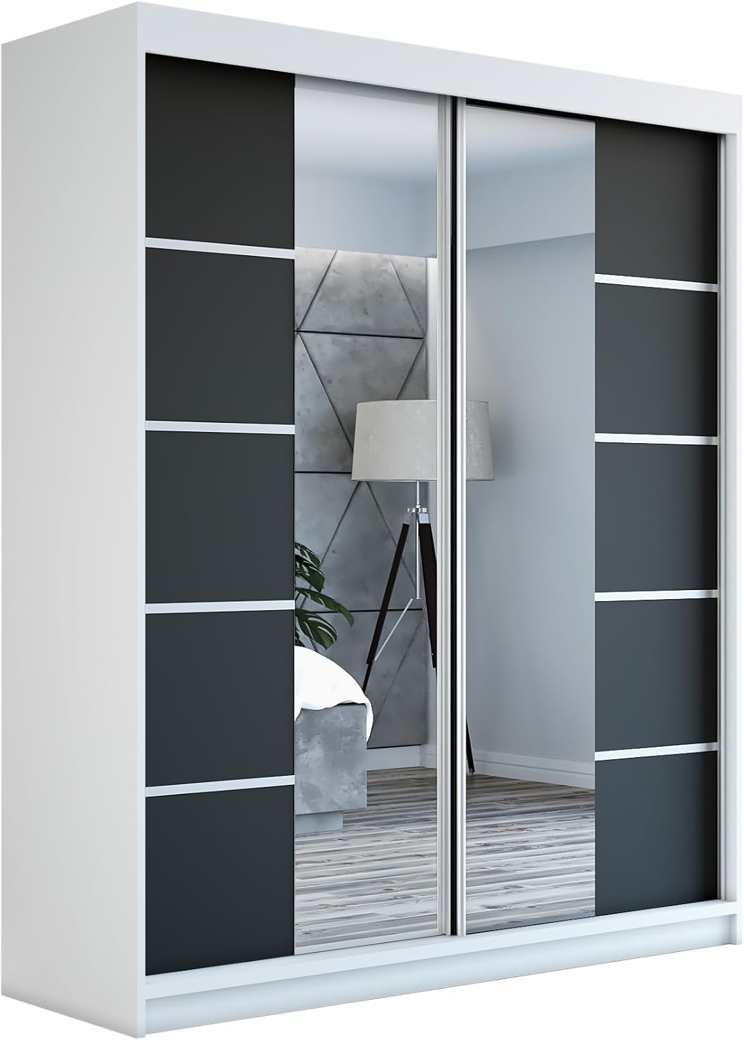 A&J MöbelLand Schwebetürenschrank ERA Kleiderschrank 2-türig mit Spiegel, Garderobe 160 cm (Weiß/Schwarz/Schwarz)