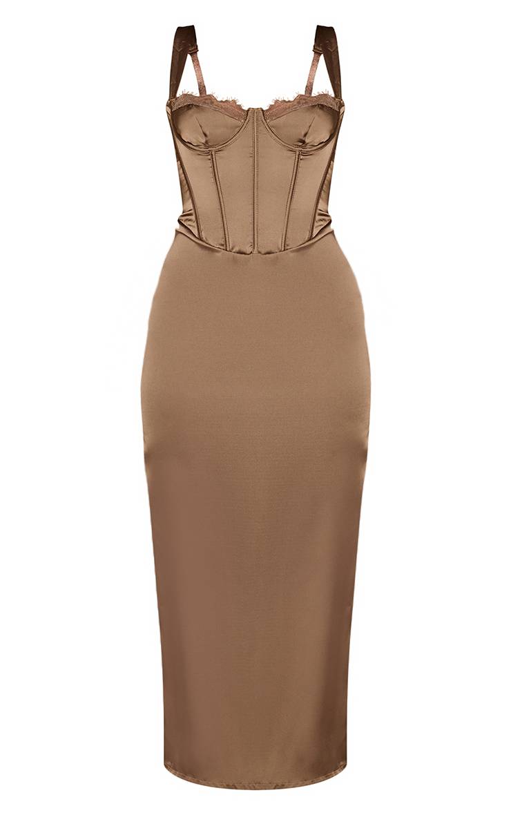 Taupe Robe Midi En Satin Avec Détail De Bonnets En Dentelle
