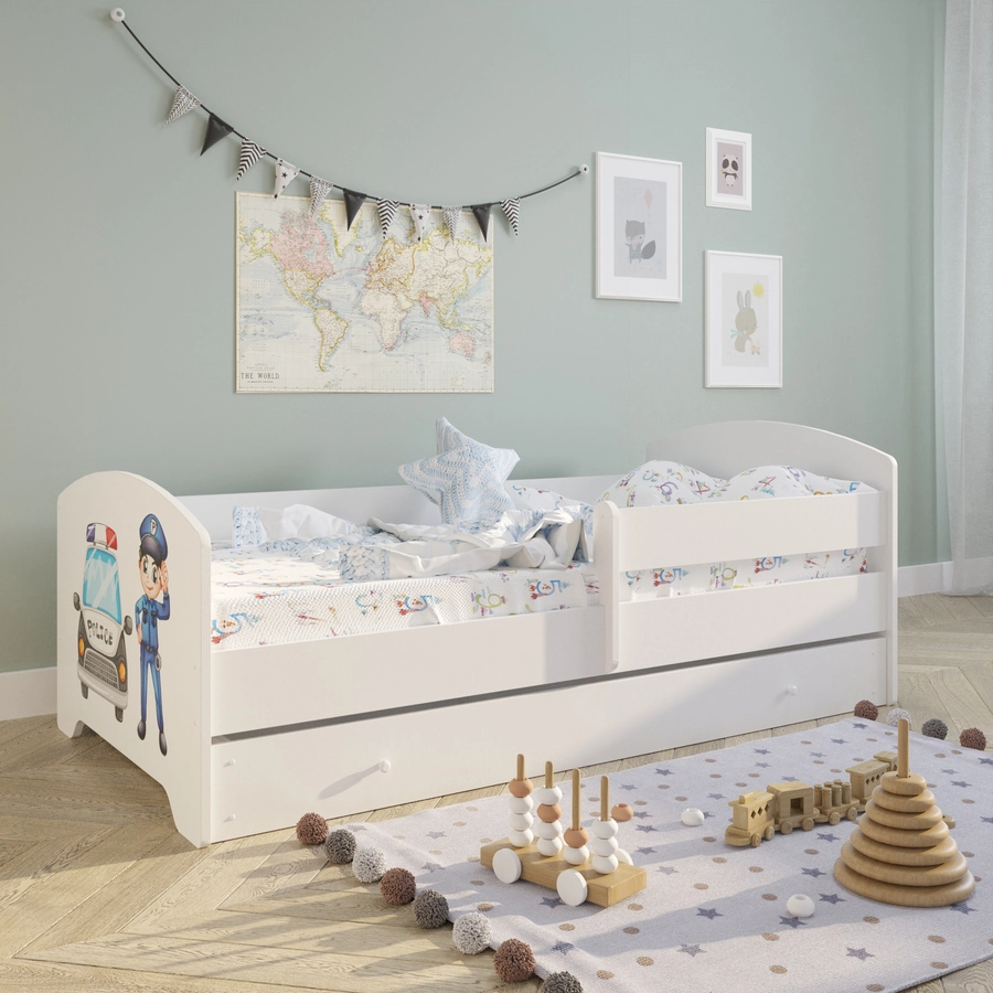 Kids Collective Kinderbett 70x140 | 80x160 cm mit Matratze und Schublade, Rausfallschutz Polizei Motiv