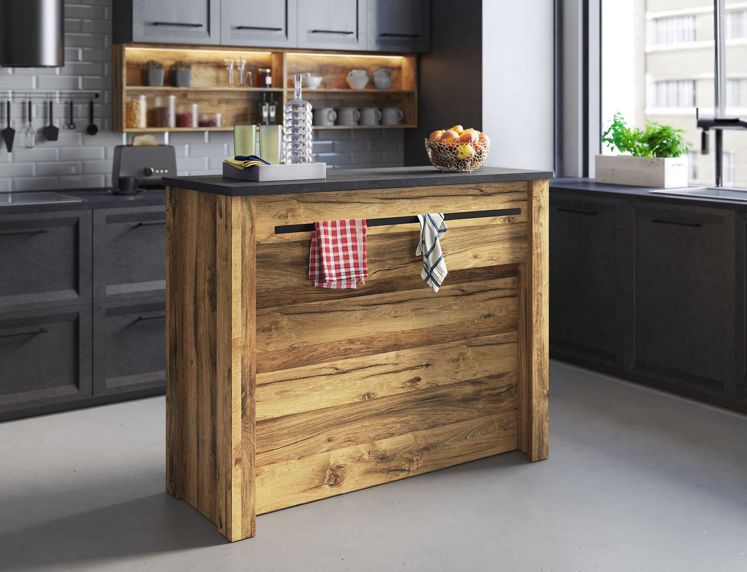 Home affaire Barschrank »York, moderne Küchentheke im Industrialdesign« mit Handtuchstange aus Metall, ausreichend Stauraum, 130 cm breit