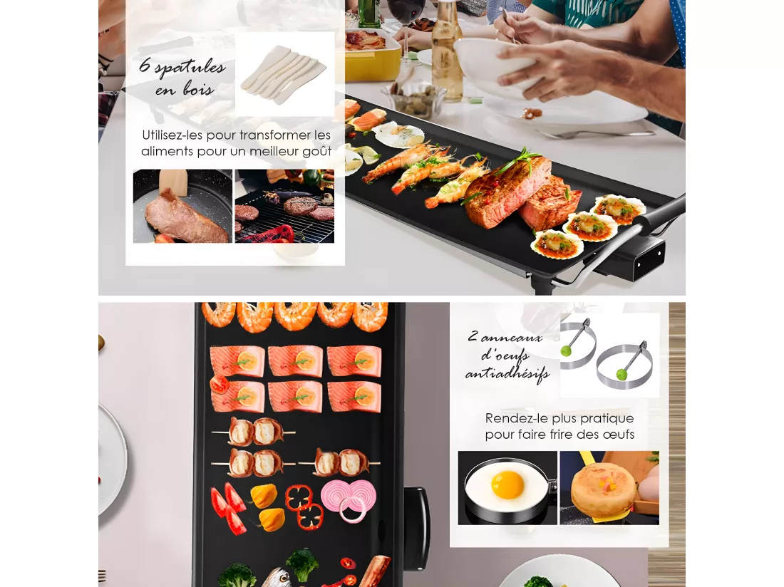 Plancha Electrique Antiadhésive 90X23CM avec 6 Spatules,1800W-230V,50HZContrôle de Thermostat Adjustable 5 Niveaux,Tiroir Collecteur d’Huile