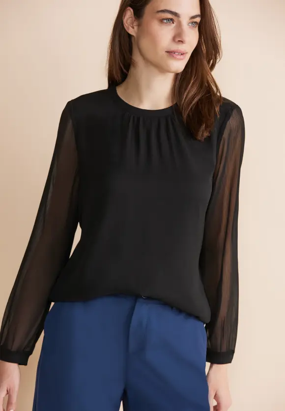 Stehkragen Chiffon Bluse - Black