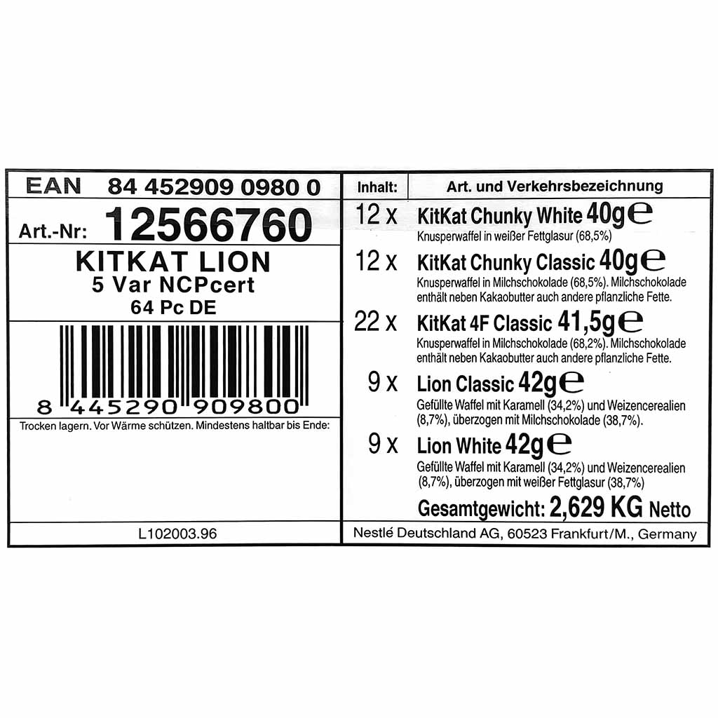KitKat & Lion Nestlé Sortimentskarton 64 Riegel 2,629 kg MHD:30.6.25