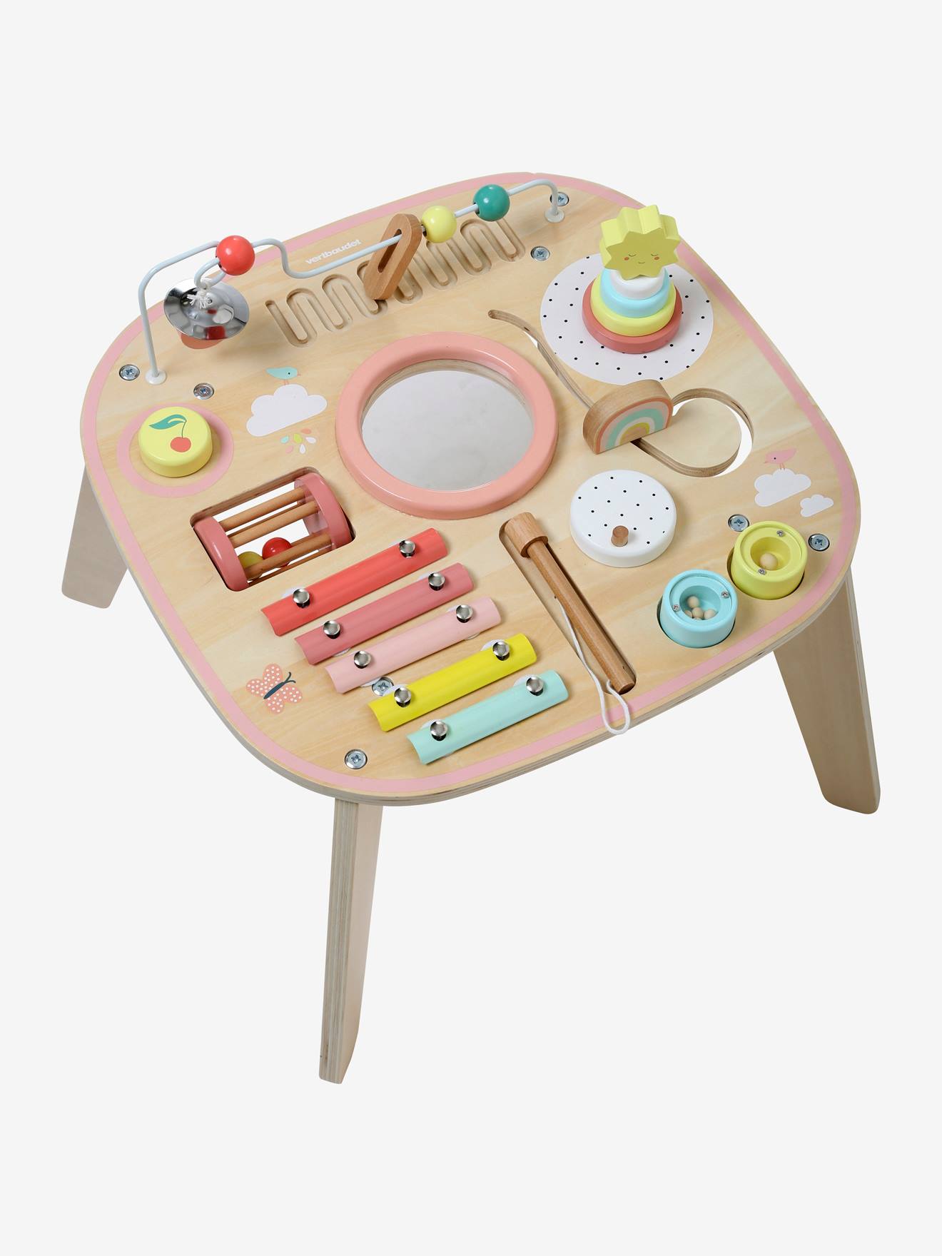 Mesa de atividades e estimulação musical em madeira certificada FSC®, rosa claro lisa com motivos.