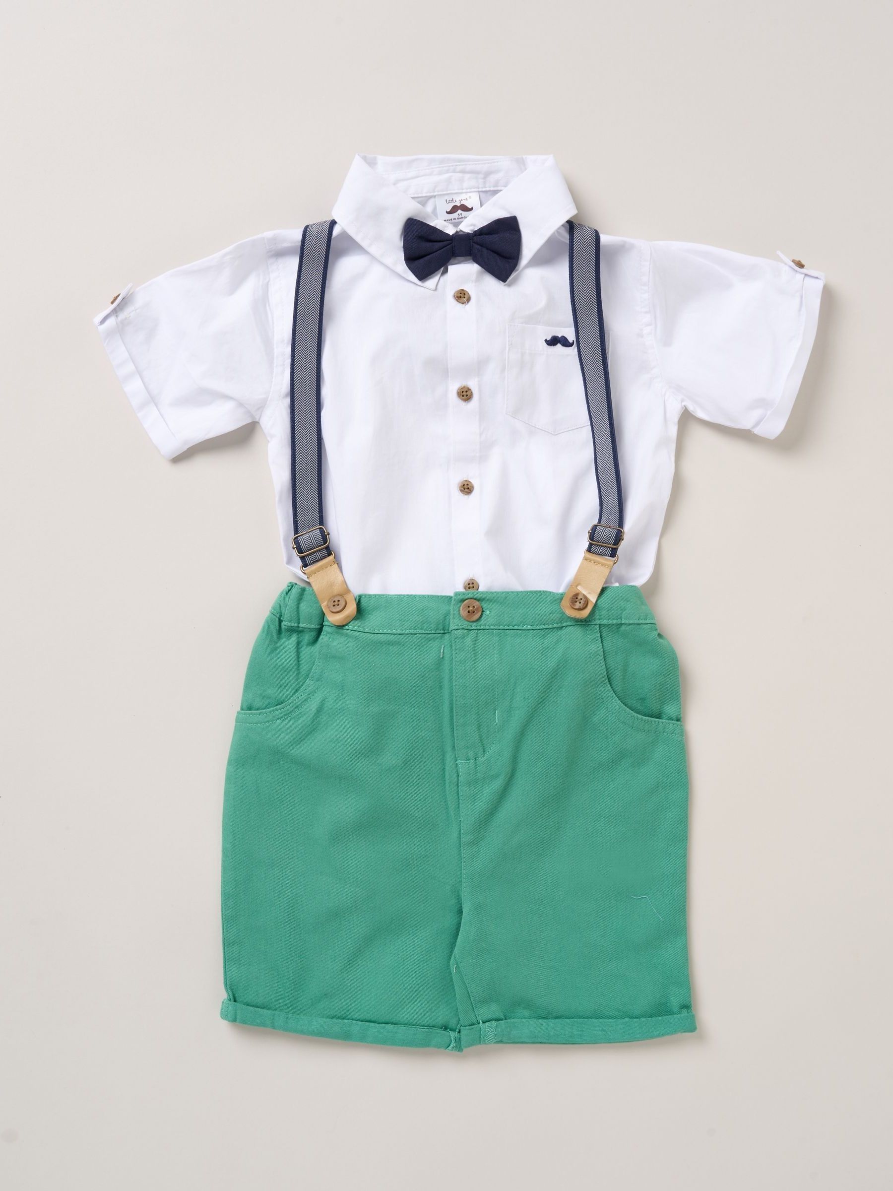 Groen - Little Gent bodysuit-overhemd, korte broek en bretels outfitset