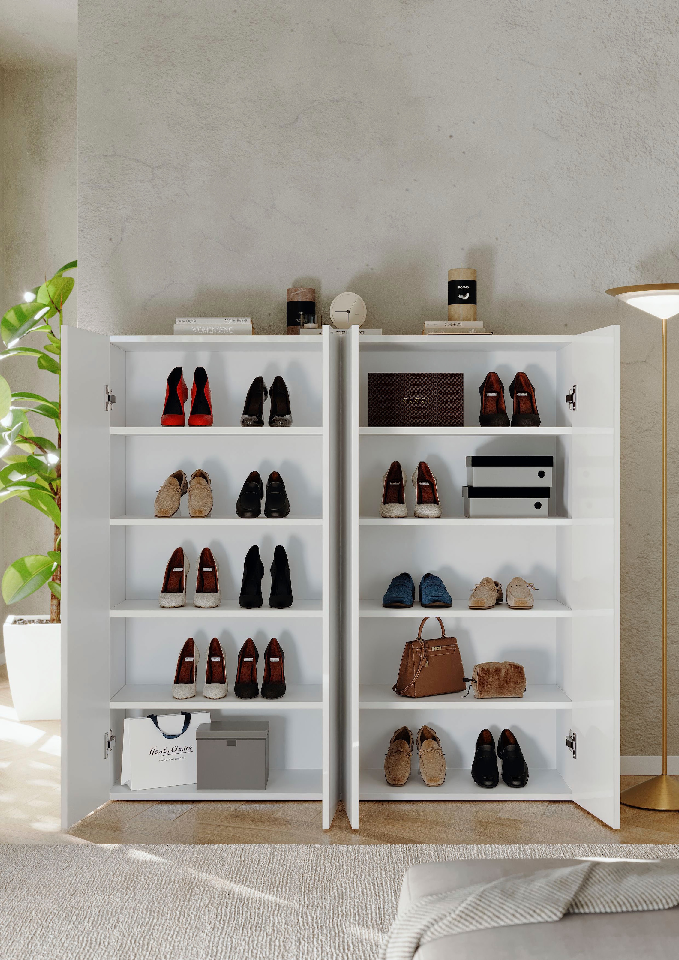 INOSIGN Schuhschrank »SMILE Breite 124 cm, Höhe 114 cm, Schuhregal mit 5 Ebenen, 10 Fächer,« Schuhkommode in Weiss Hochglanz Lack