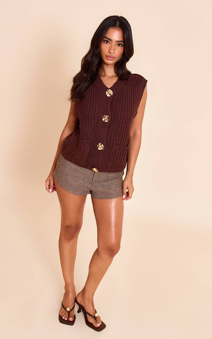 Marron Gilet Tricoté Petite Taille Détail Boutons Chocolat