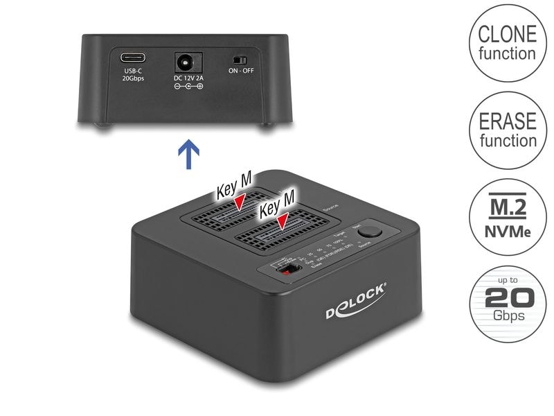 Delock Docking- und Klonstation USB M.2 für 2x M.2 NVMe PCI Delock USB 20 Gbps M.2 Dockingstation für 2 x M.2 NVMe PCIe SSD mit Klon- und Löschfunktion