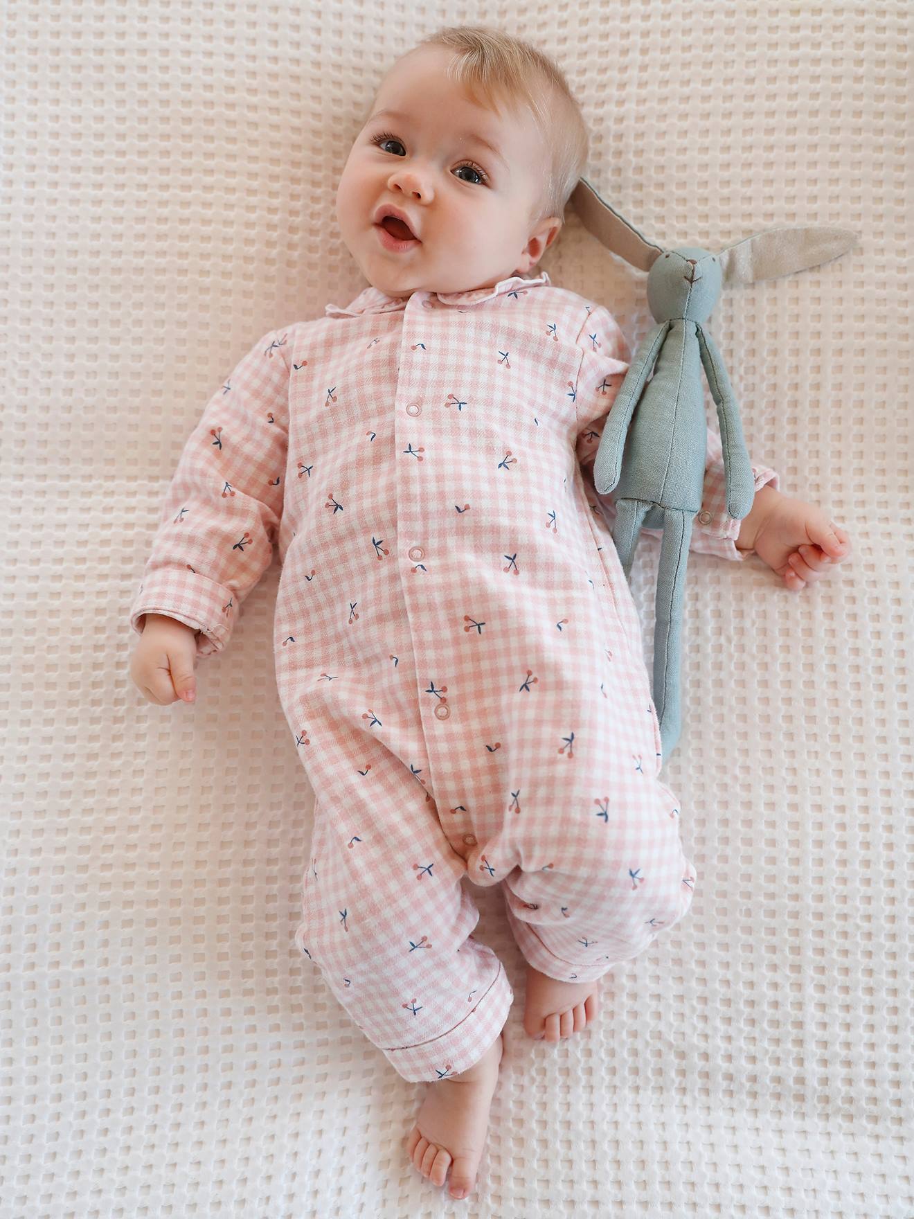 Pijama de flanela de algodão para bebê, xadrez rosa médio