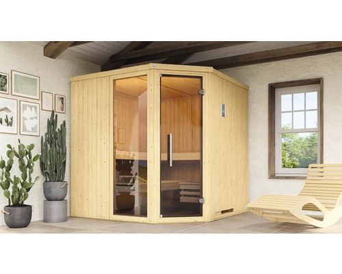 Weka Varberg 3 modulaire sauna inclusief 7,5 kW oven en digitale bediening met venster en grafietkleurige volledig glazen deur