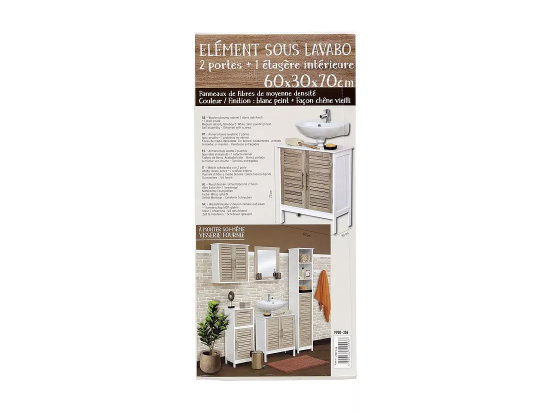 Meuble sous lavabo 2 Portes et 1 Etagère intérieure H 70 cm - Stockholm