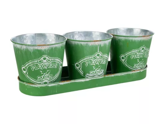 3 Cubos en métal et plateau verts