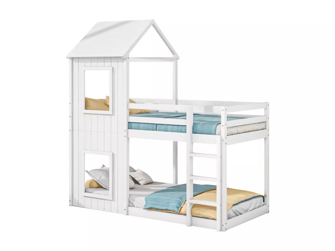 Lit superposé cabane 90x200cm - en bois massif - avec 2 fenêtres - Blanc