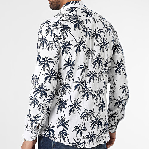 Chemise Manches Longues Floral Blanc Bleu Marine
