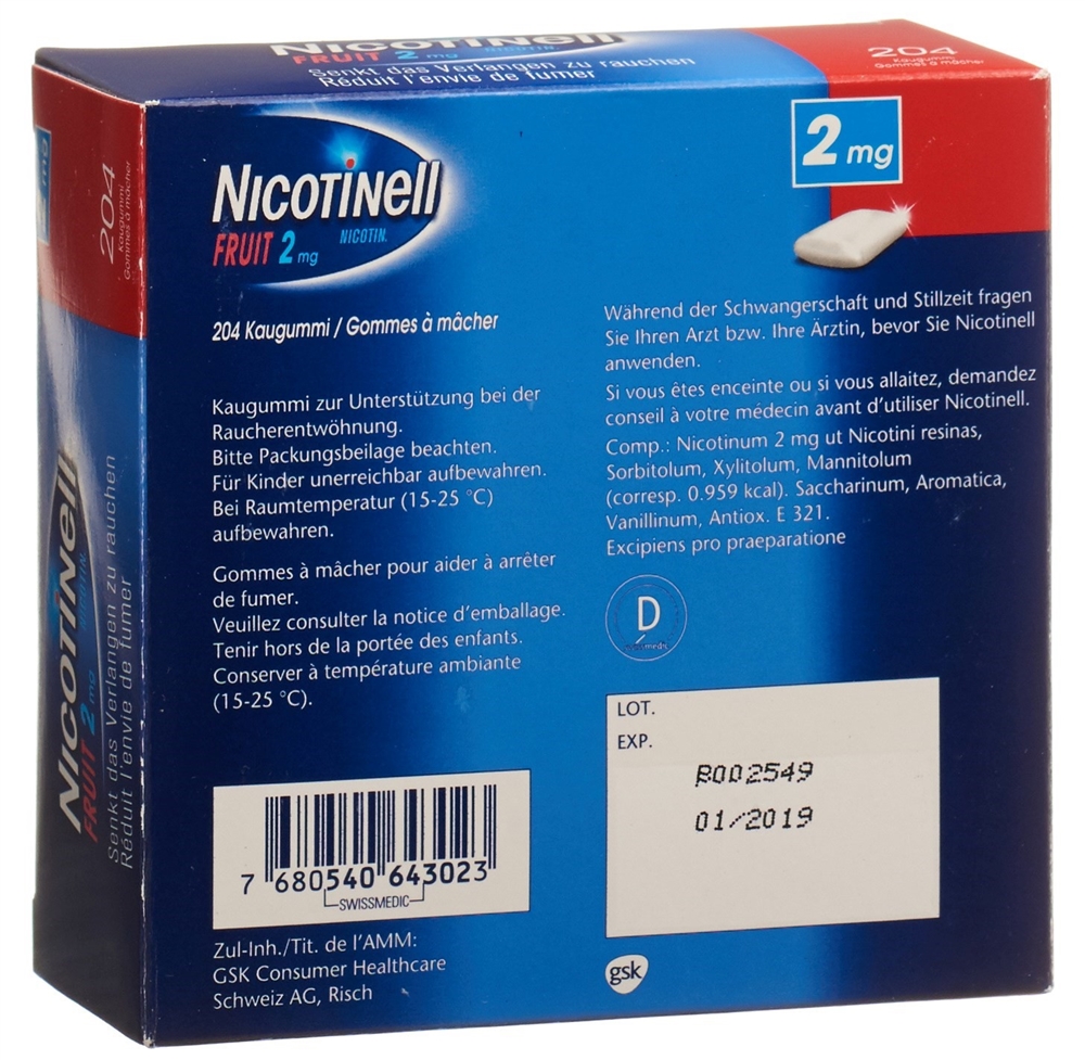 NICOTINELL Gum 2 mg<br>204 Stück, Blister, Wirkstoffhaltiger Kaugummi, fruit