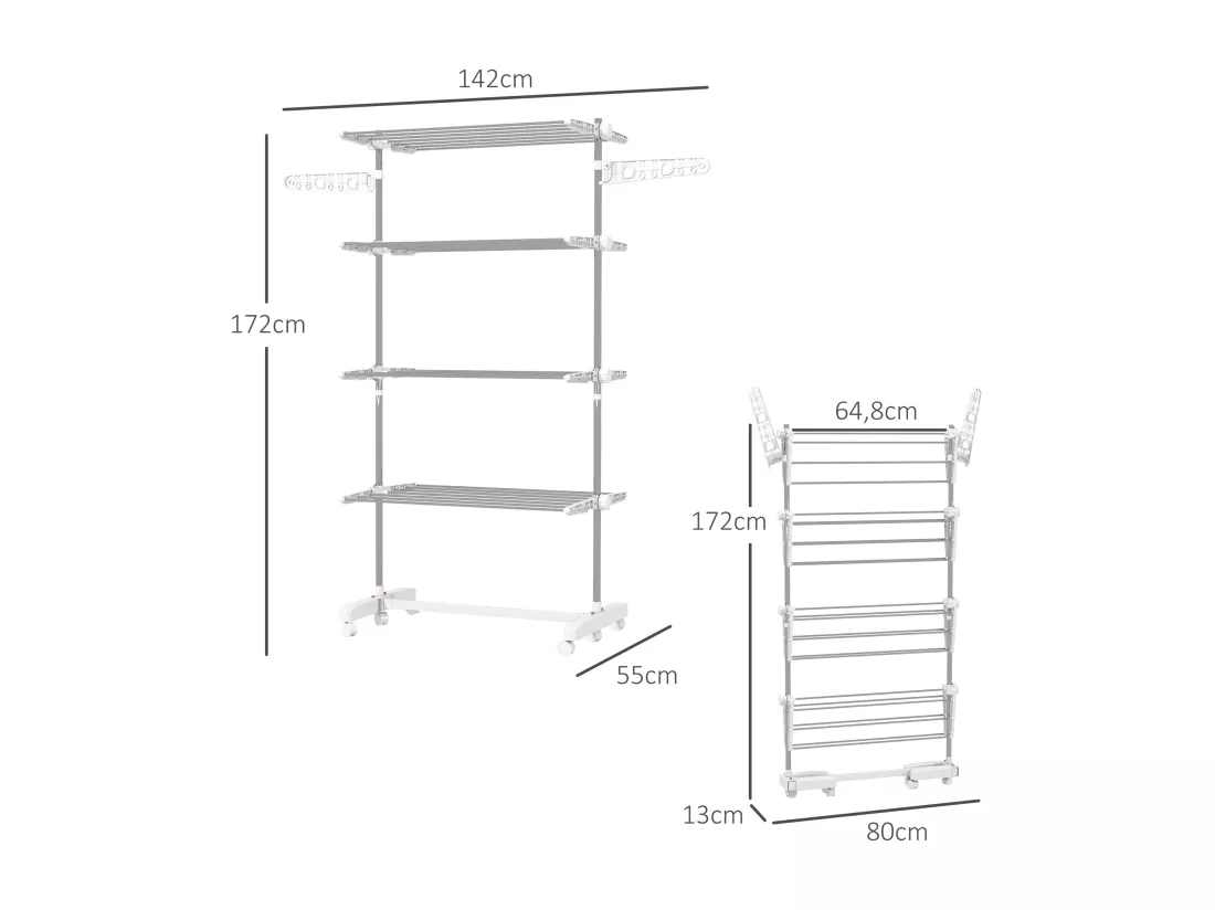 Séchoir à linge étendoir pliable ailes latérales sur 4 niveaux