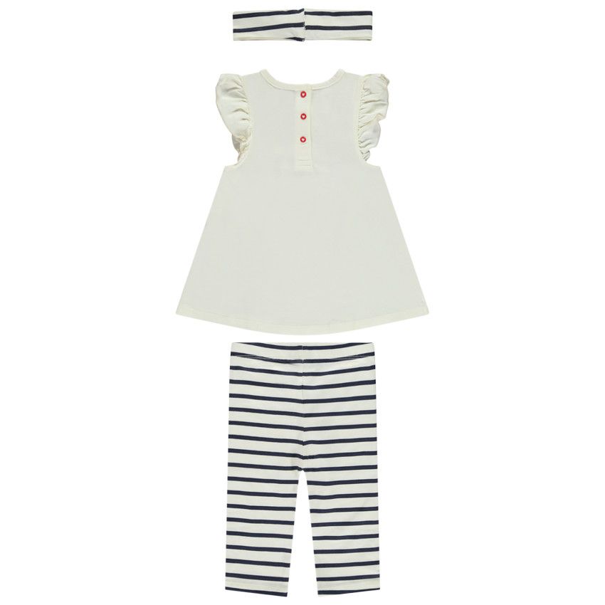 Ensemble 3 pièces tunique + bandeau + corsaire à rayures pour bébé fille - Ecru