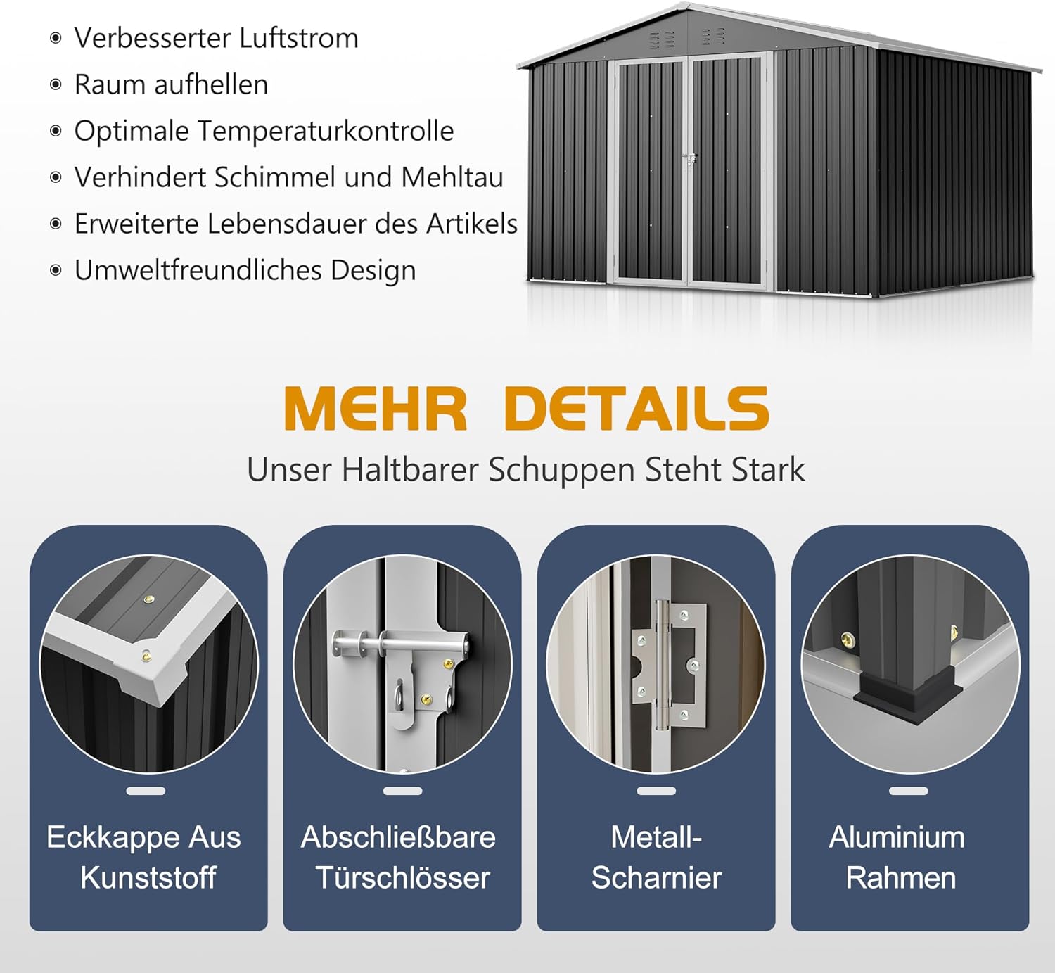 Gartenhaus Metall 300 x 252 x191 cm, Metall Gerätehaus XXXL, Geräteschuppen mit Satteldach, Abschließbare Schiebetüren, Verstärkter Stahlrahmen (A)