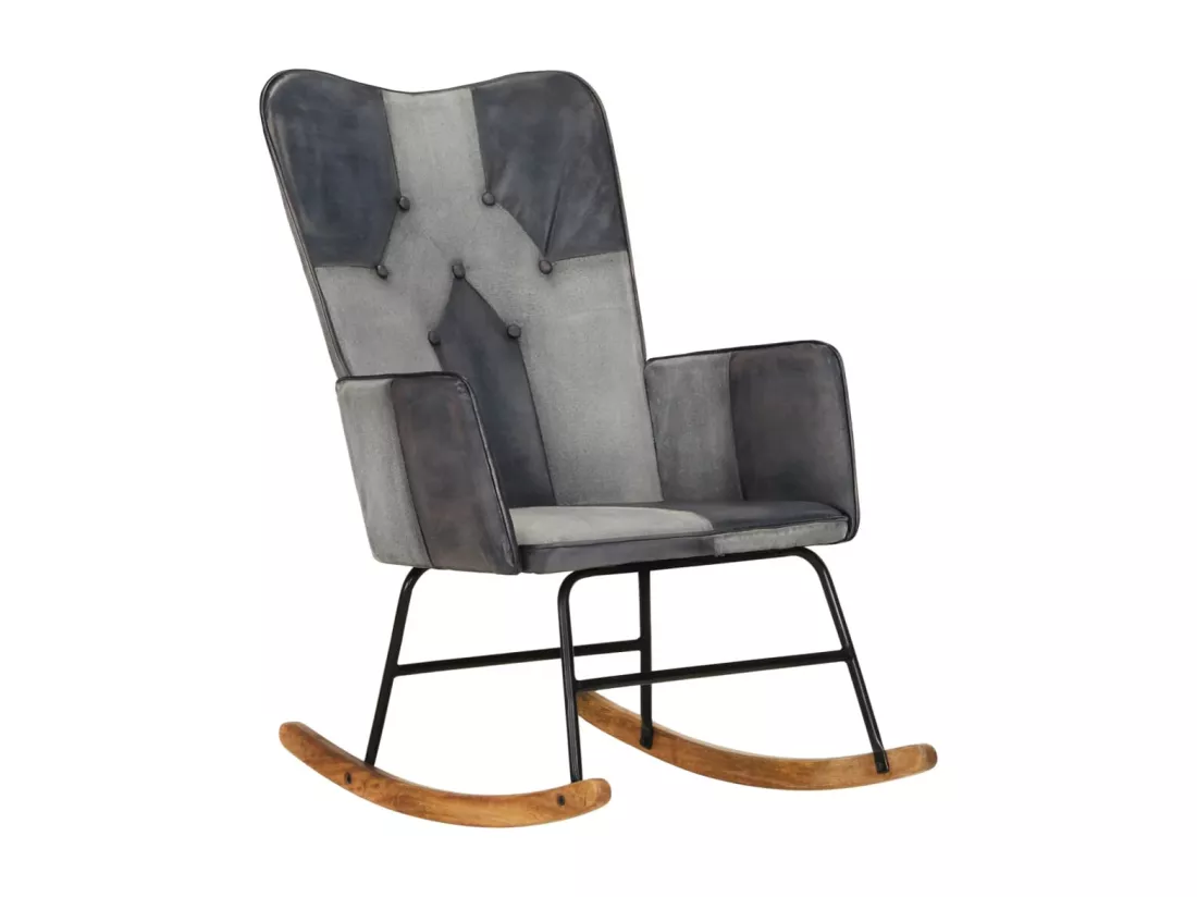 Chaise à bascule Gris Cuir véritable et toile